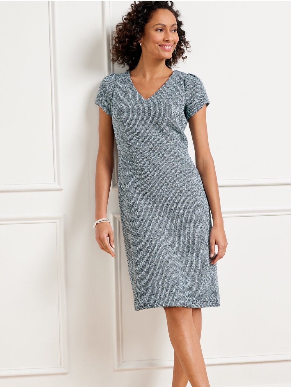 Talbots Tweed A-Line Dress Women's 4 Petite Blue Spring Short V-Neck Dress NWT